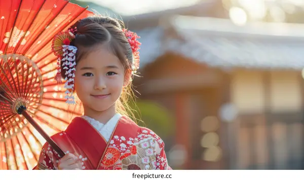 Little Japanese girl in kimono holding a red umbrella