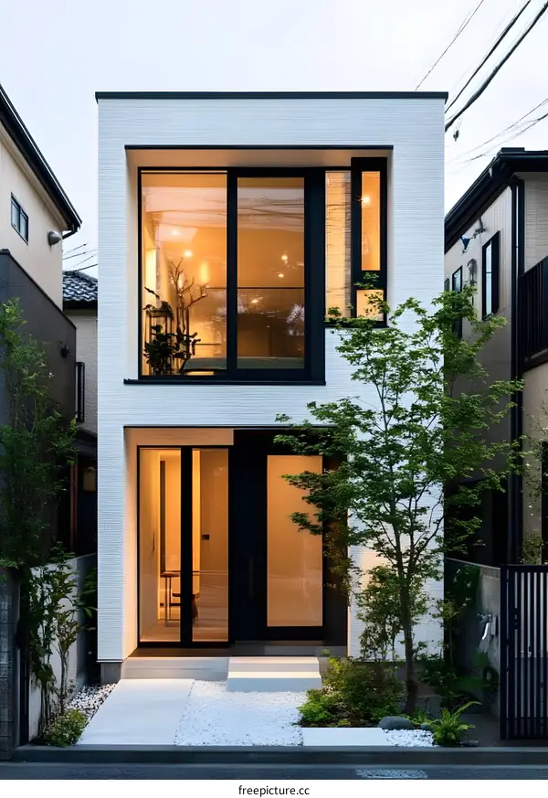 Modern White House with Large Windows and Black Frames