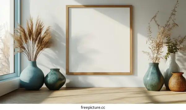 Empty Frame Decorated with Boho Style Vase and Dried Flowers