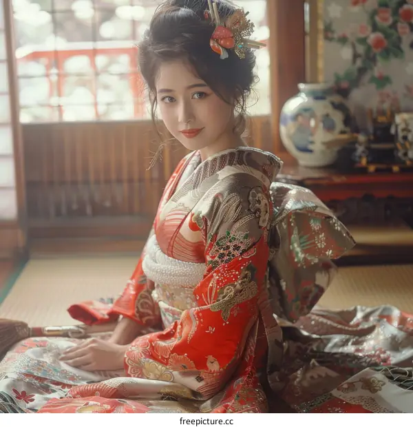 A beautiful Japanese woman wearing a kimono is sitting on the floor.