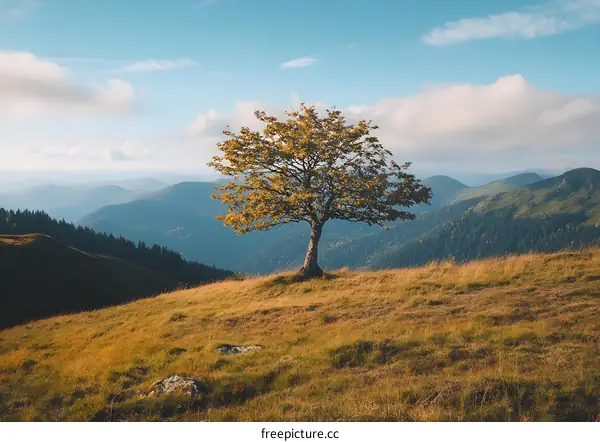 Lonely Tree on a Mountain Top with a Blue Sky Background