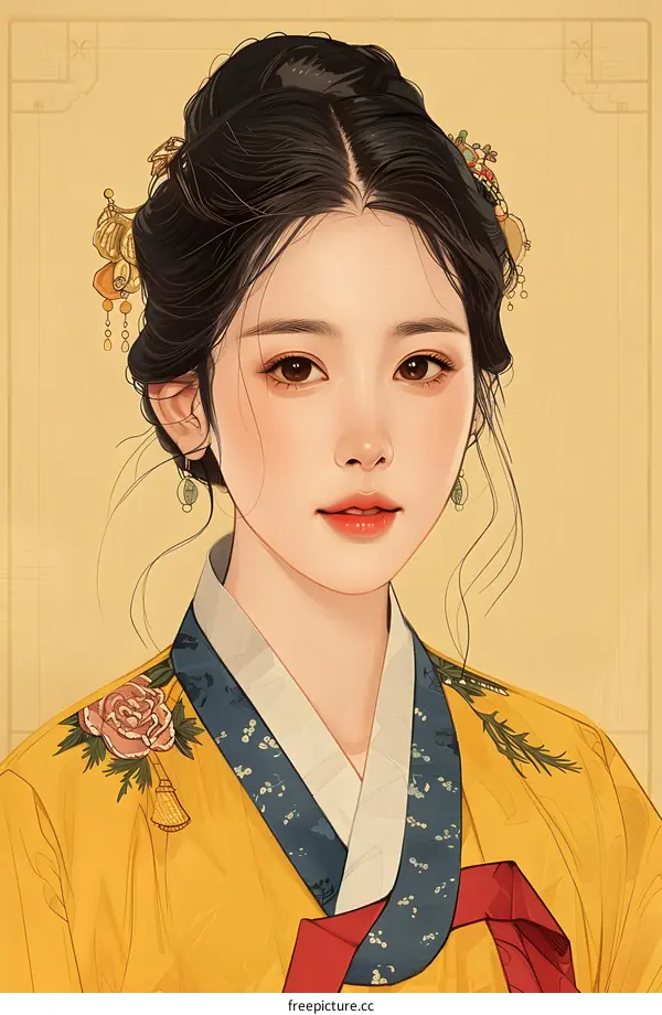 A beautiful illustration of a young woman in a traditional Korean hanbok