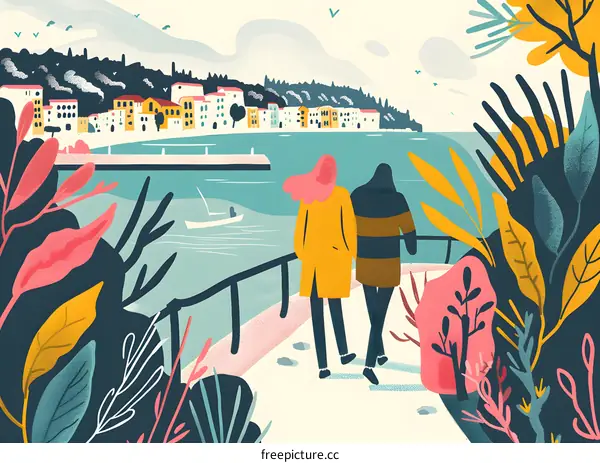 Couple Walking on a Path by the Sea with a City in the Background