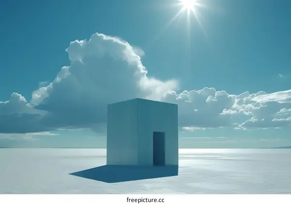 Minimalist Cube Building With Doorway Under A Blue Sky