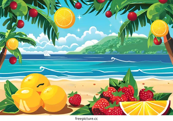 Tropical Beach Illustration with Fruits