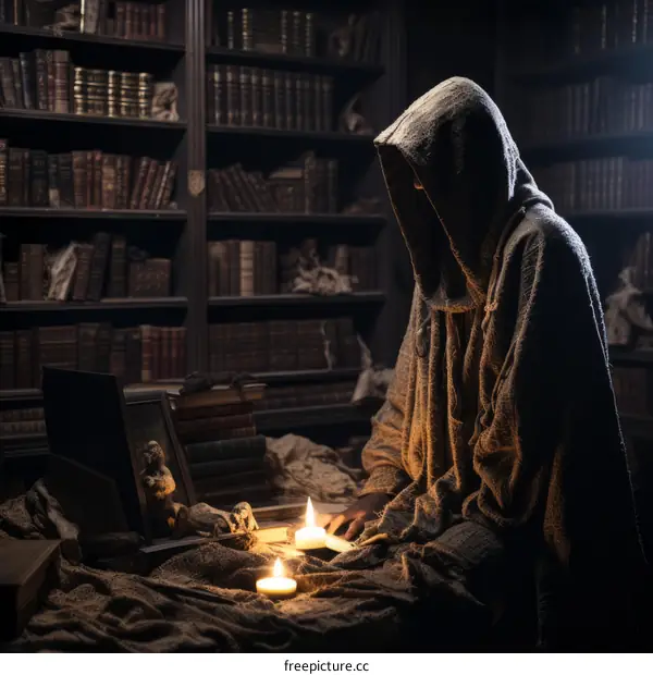 A lone scholar studies a book in a dimly lit library.