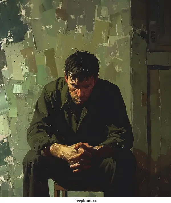 A man is sitting on a chair in front of a green wall