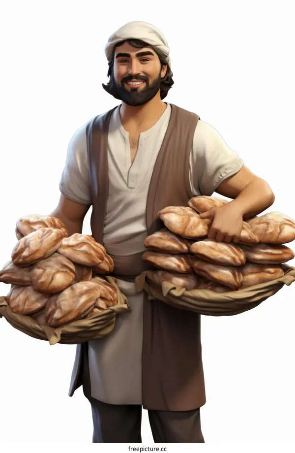 Middle Eastern Man with Baskets of Bread