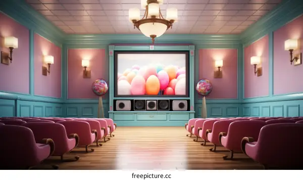 Pastel Pink Home Theater with Velvet Chairs and Balloons
