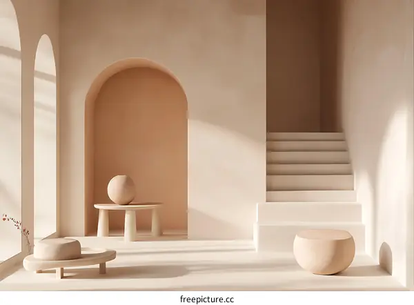 Minimalist Interior Design With Archways And Wooden Furniture