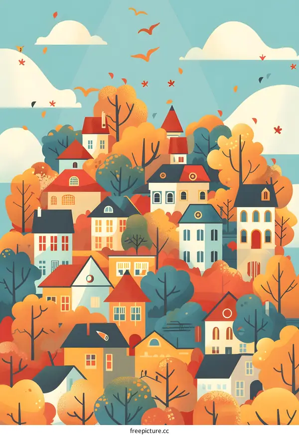 Autumn Village Landscape with Colorful Houses and Trees