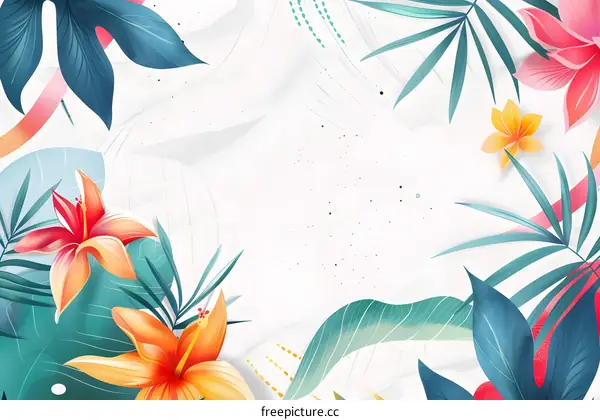 Tropical Flowers and Leaves Watercolor Illustration