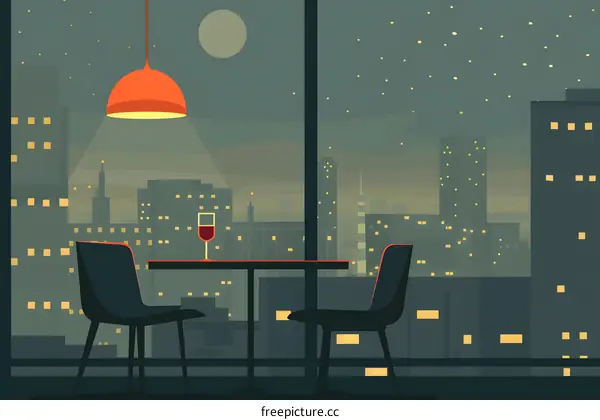 Night Cityscape with Wine Glass and Table