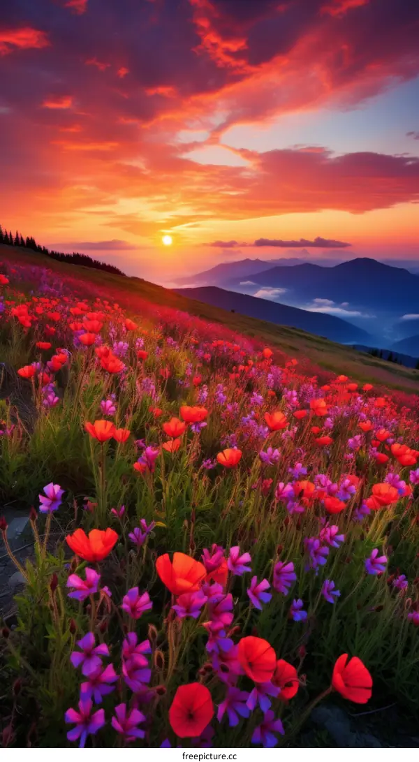 Field of red and purple flowers with a sunset in the background
