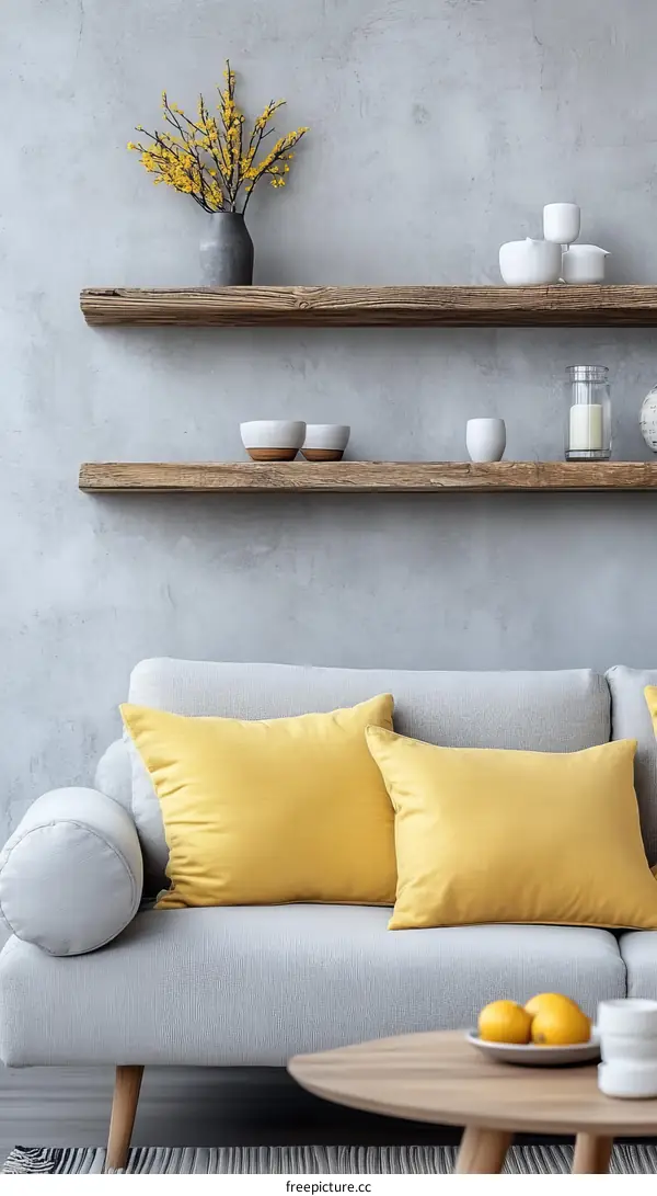 Modern Grey Sofa with Wooden Shelves and Yellow Cushions