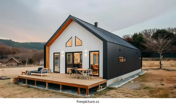 Modern Black and White House with Deck in Front of Mountain View