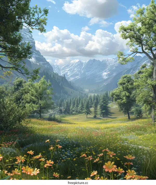 Wildflower Meadow in Tranquil Mountain Landscape