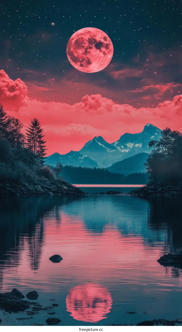 Pink Moon Reflection in the Lake at Night