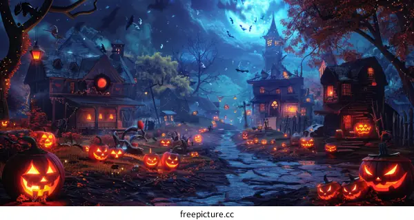 Spooky Halloween Village: Haunted House with Pumpkins and Bats