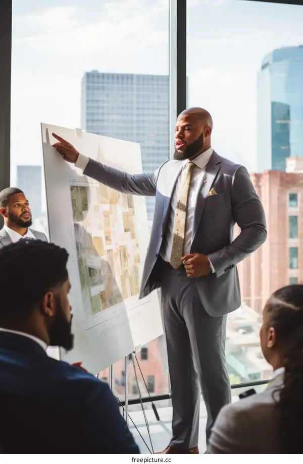 Black businessman giving presentation to colleagues in modern office