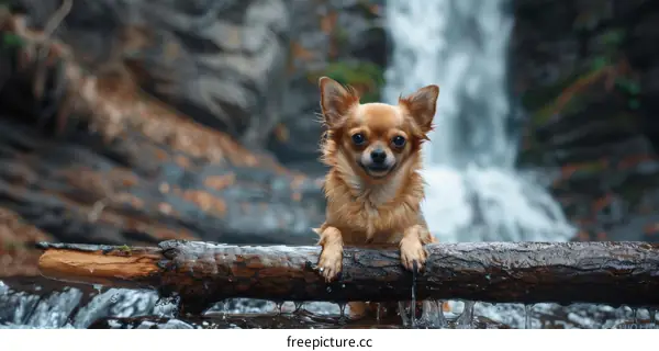 Chihuahua on a Log in Mountain River