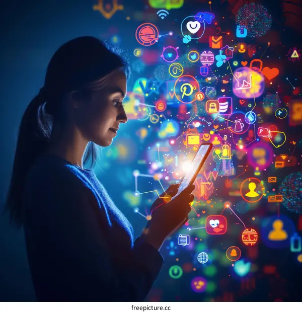 Young woman using a smartphone with social media icons and symbols coming out of the screen