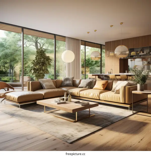 Modern living room interior with large windows and comfortable sofa