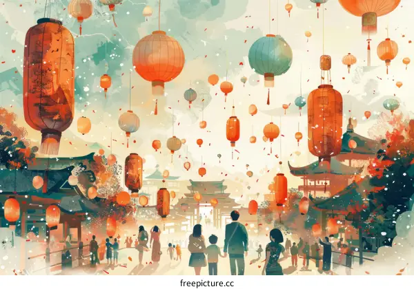 A family walking through a street with red lanterns during a festival