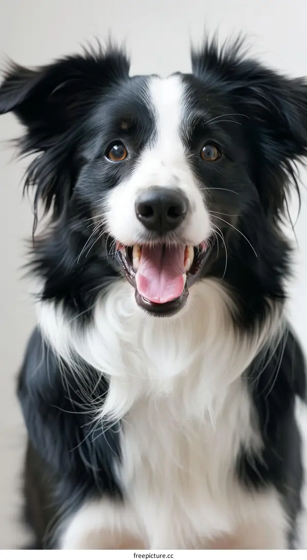 A happy Border Collie dog is sitting with its mouth open and looking at the camera