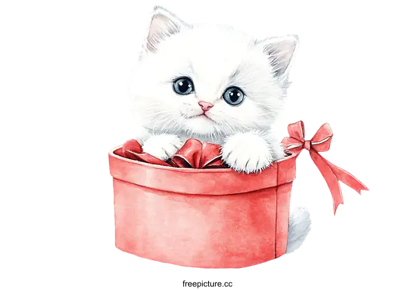 [Transparent Background PNG]Cute White Kitten in a Gift Box