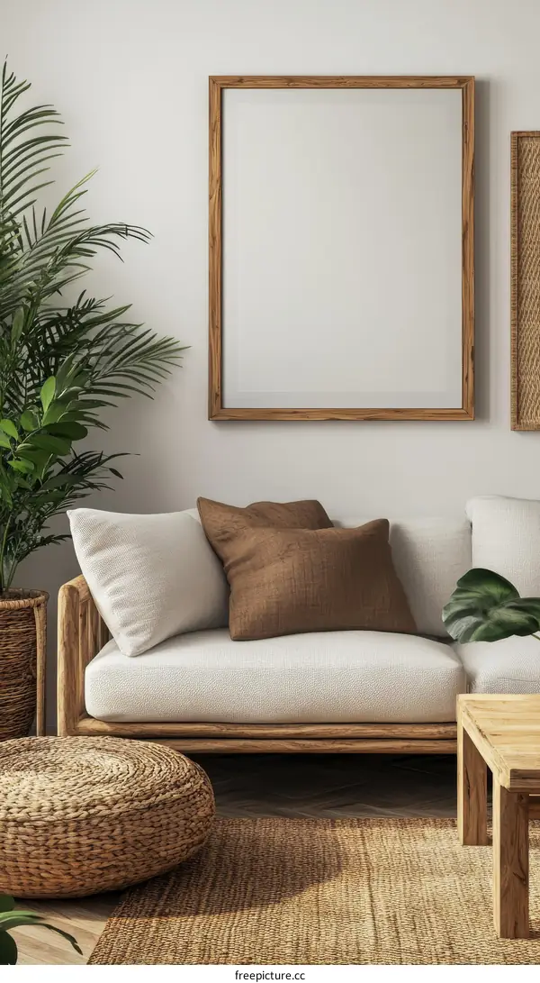 Modern Boho Living Room Mockup with Blank Frame