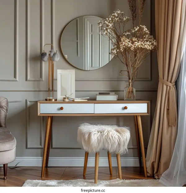 Modern Vanity Table with Round Mirror and Flower Vase
