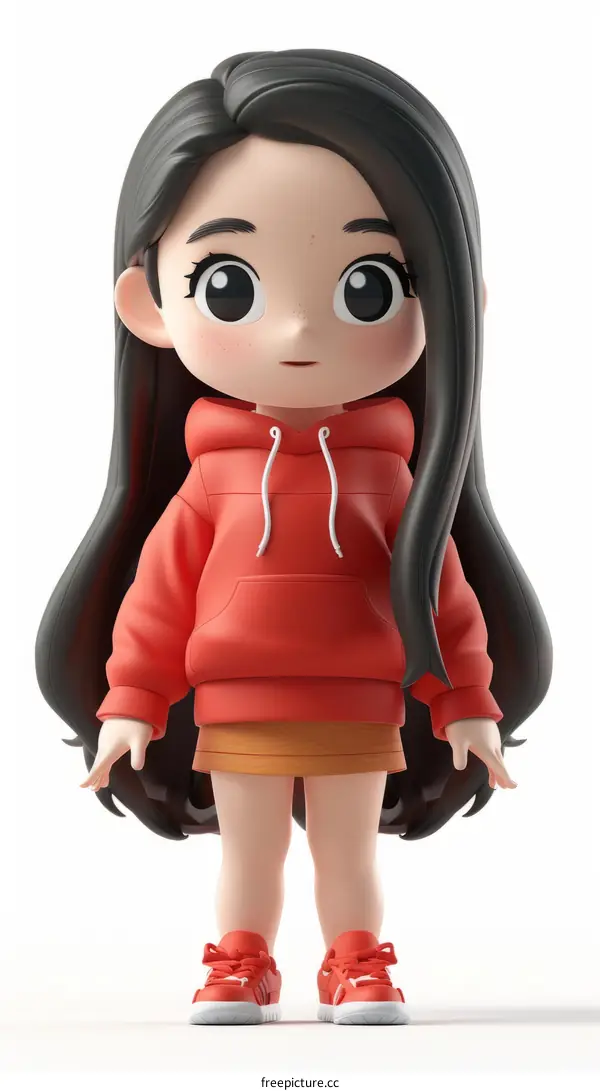 Cheerful 3D Illustration of an Asian Girl Wearing a Red Hoodie