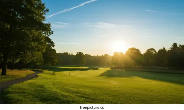 Sunlit Golf Course with Lush Green Grass and Trees