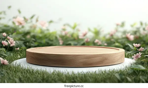 Wooden Display Platform in a Spring Garden