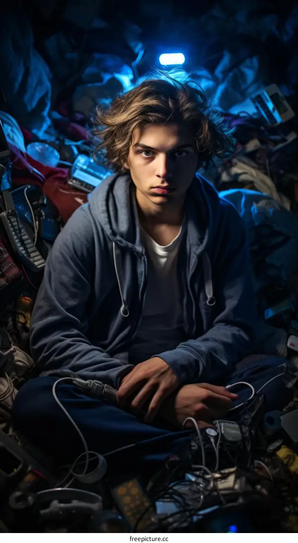 Portrait of a young man sitting in a pile of electronic waste