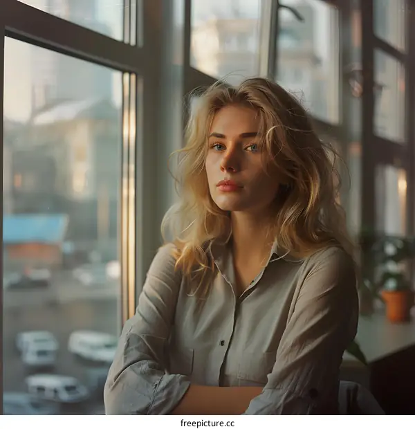 Young Woman Looking Out Window in a Room