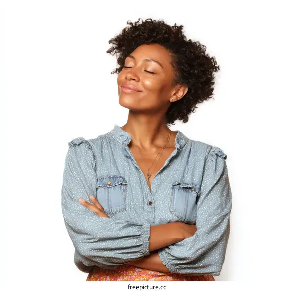 Woman with arms crossed wearing a denim shirt