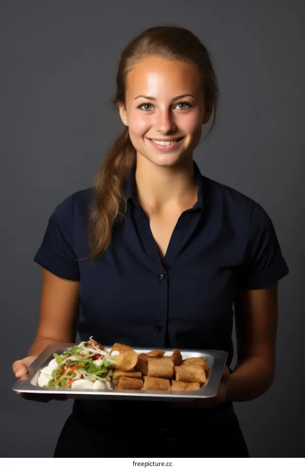 Portrait of a young waitress holding a tray of food