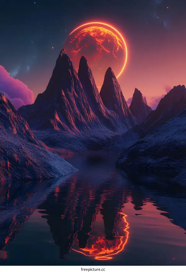 Fantasy Landscape with Red Planet and Mountain Range