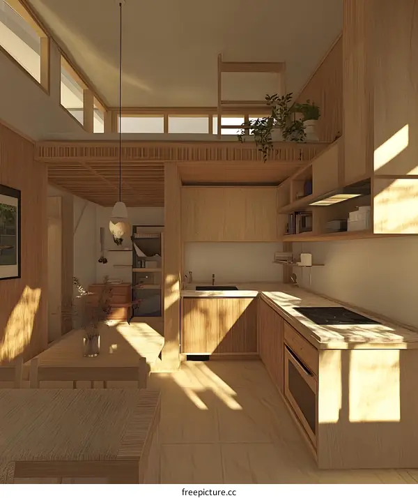 Modern Minimalist Kitchen Design with Wooden Cabinets and Open Shelving