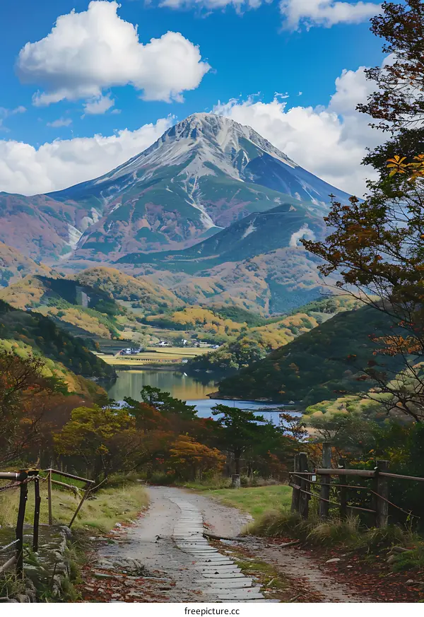 Mountain Path leading to a Lake with Autumn Foliage