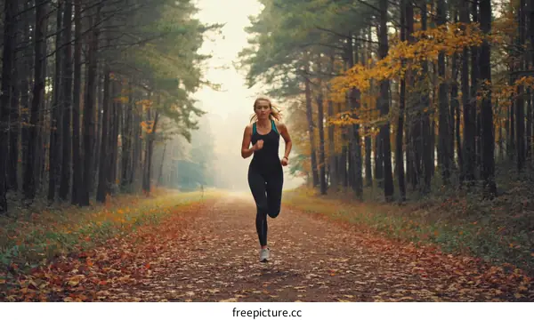 Woman Running Through Autumn Forest Pathway