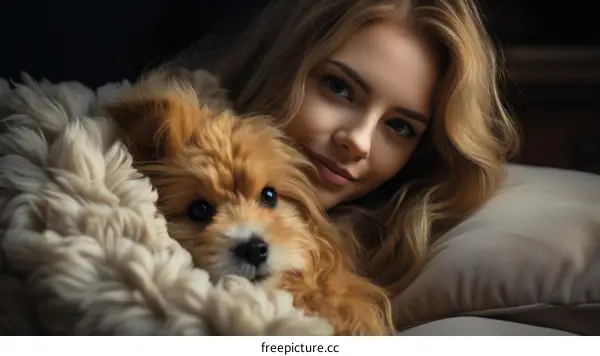 A blonde woman is lying on a bed with a small dog.