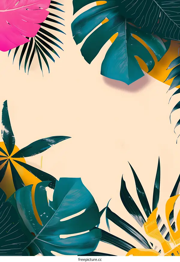 Tropical Leaves Background Design with Yellow Pink and Green Colors