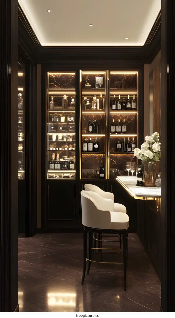 Luxury Home Bar Interior Design with Marble and Gold Accents