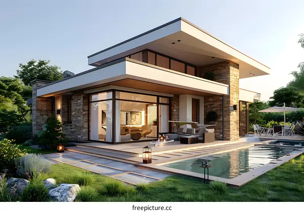 Modern house exterior with pool and terrace