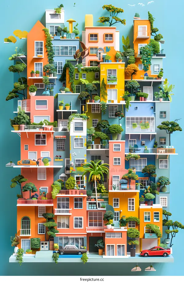 A colorful illustration of a city with lots of plants and greenery