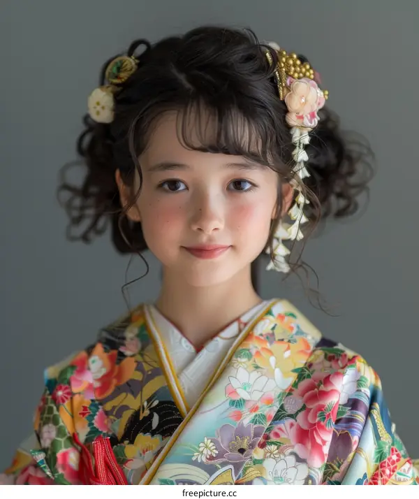 A young girl wearing a kimono smiles at the camera.