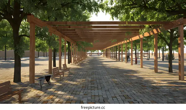 Wooden Pergola Pathway with Bench and Trees